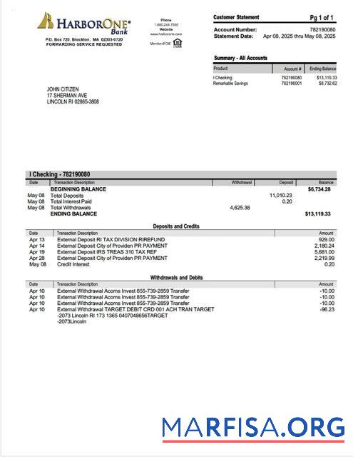 Printable USA HarborOne bank account statement word template
